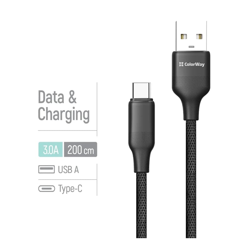 Дата кабель USB 2.0 AM to USB-C 2.0m 3A TPE embossed black ColorWay (CW-CBUC102-BK) - фото 4