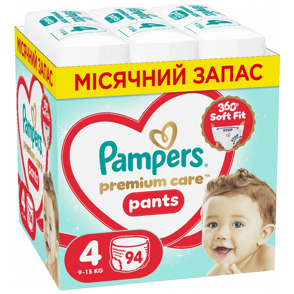 Підгузки Pampers Premium Care Pants Розмір 4 (9-15 кг) 94 шт (8006530320160) - фото 1 Підгузки Pampers Premium Care Pants Розмір 4 (9-15 кг) 94 шт (8006530320160) - фото 1