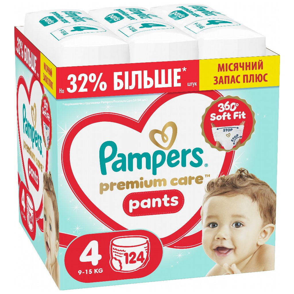 Підгузки Pampers Premium Care Pants Розмір 4 (9-15 кг) 124 шт (8006530315852) - фото 1 Підгузки Pampers Premium Care Pants Розмір 4 (9-15 кг) 124 шт (8006530315852) - фото 1