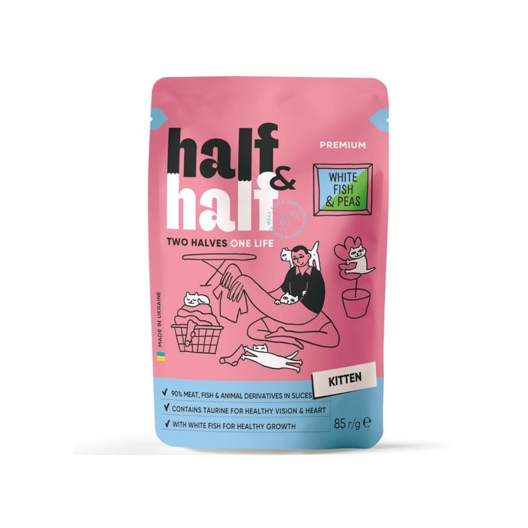 Вологий корм для кішок Half&Half для кошенят з білою рибою та горохом в желе 85 г (4820261921939) - фото 1