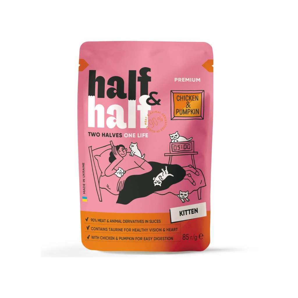 Вологий корм для кішок Half&Half для кошенят з куркою та гарбузом в соусі 85 г (4820261921946) - фото 1 Вологий корм для кішок Half&Half для кошенят з куркою та гарбузом в соусі 85 г (4820261921946) - фото 1