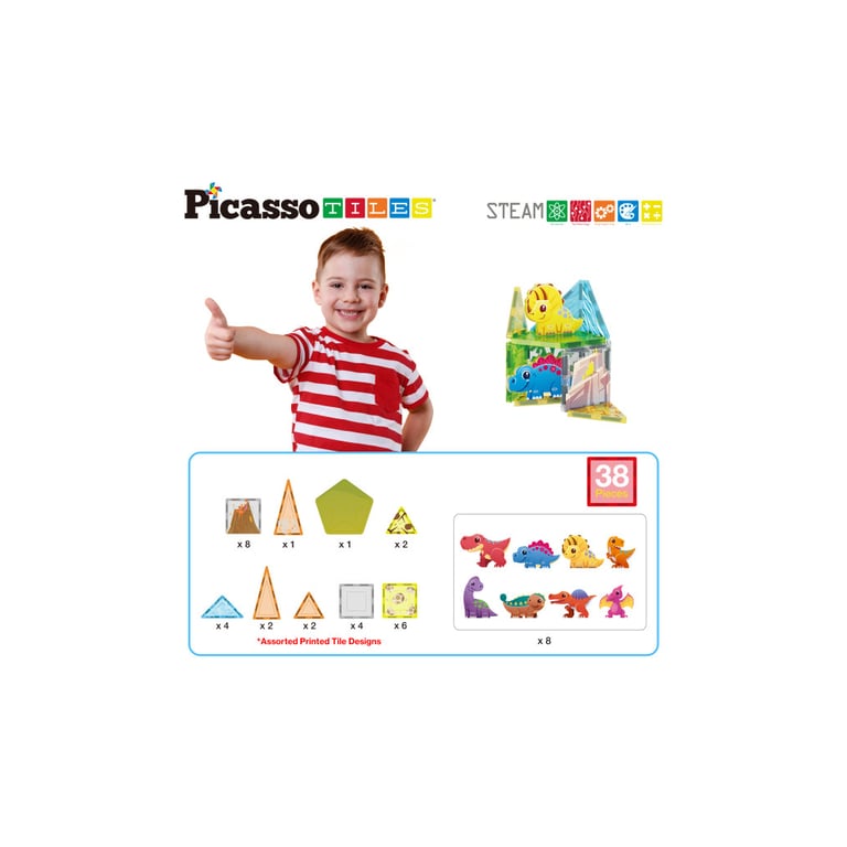 Конструктор Picasso магнітний Tiles Dinosaur Set з 8 фігурками динозаврів 38 деталей (817338028848) - фото 2