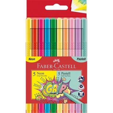 Фломастери Faber-Castell Grip felt-tip pen neon + pastel, тригранні пастельні + неонові, 10 кольорів (30746) - фото 1
