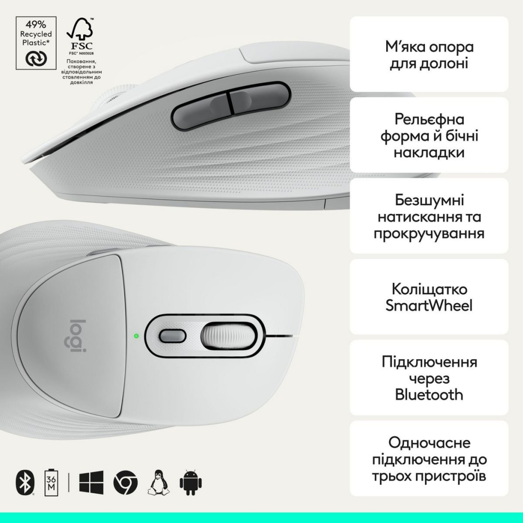 Мишка Logitech Signature Comfort Plus M850L Wireless/USB-C Off-White (910-007716) - фото 2 Мишка Logitech Signature Comfort Plus M850L Wireless/USB-C Off-White (910-007716) - фото 2
