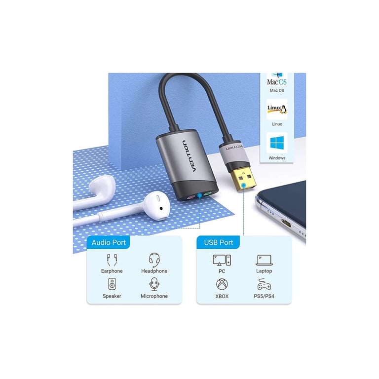 Звукова плата USB AM to 2x3.5mm F 0.15m gray Vention (CDKHB) - фото 2