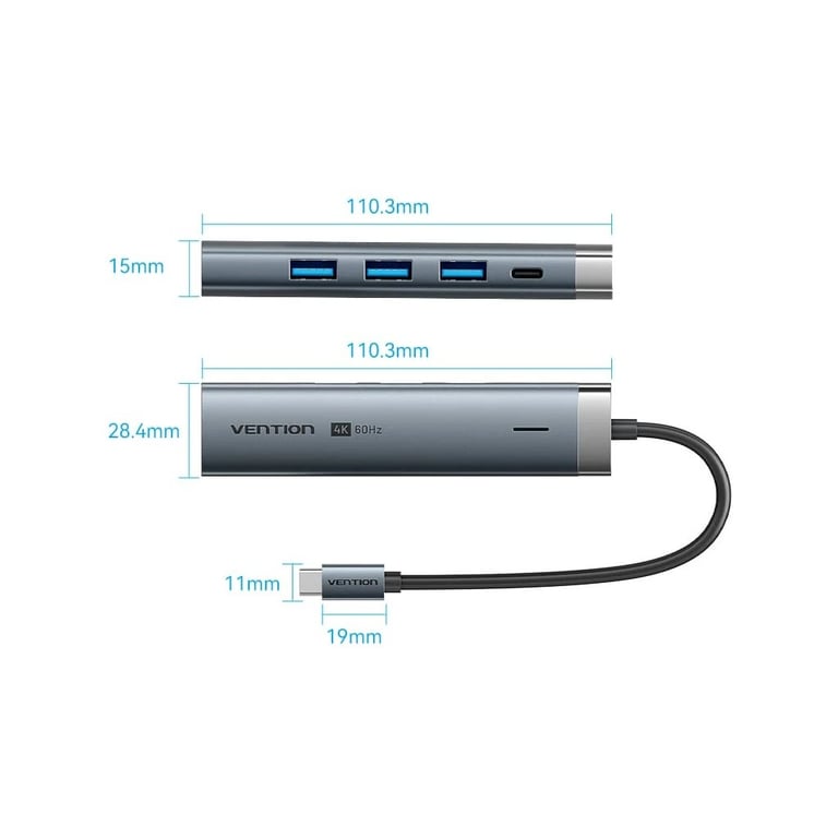Концентратор Vention USB-C 5-in-1 3xUSB 3.0 + HDMI 4K60Hz + USB-C PD100W gray (TGMHB) - фото 2
