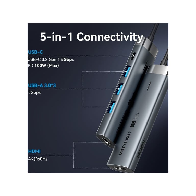 Концентратор Vention USB-C 5-in-1 3xUSB 3.0 + HDMI 4K60Hz + USB-C PD100W gray (TGMHB) - фото 4