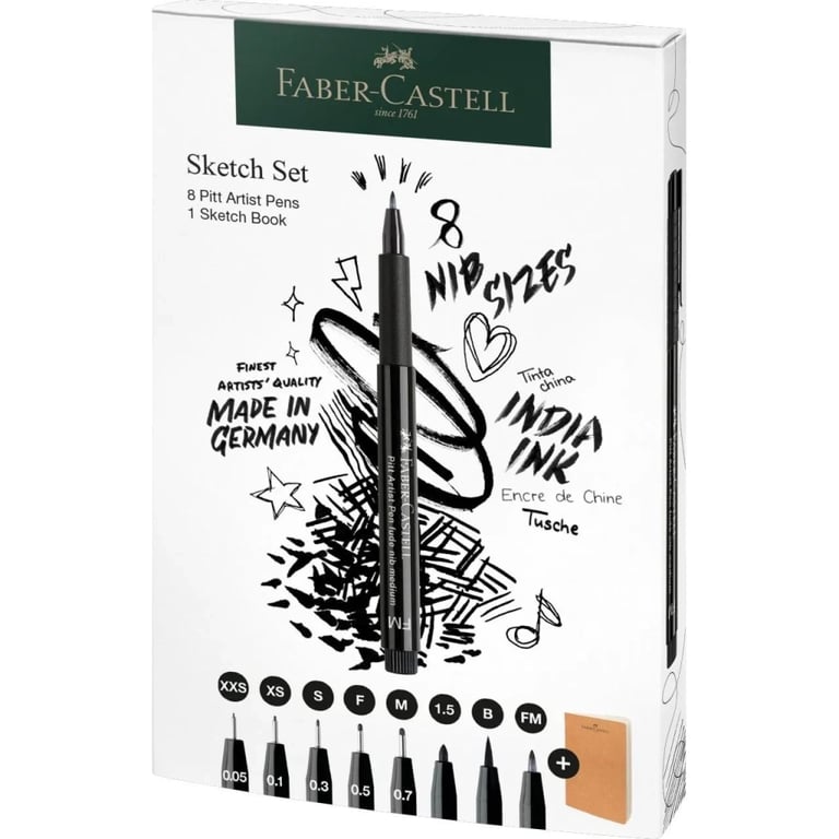 Лайнер Faber-Castell набір ручок капілярних та блокнот Sketch Set колір чорний (XXS, XS, S, F, M, 1,5, B, FM) (32468) - фото 1
