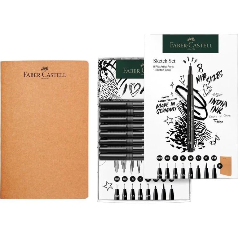 Лайнер Faber-Castell набір ручок капілярних та блокнот Sketch Set колір чорний (XXS, XS, S, F, M, 1,5, B, FM) (32468) - фото 2