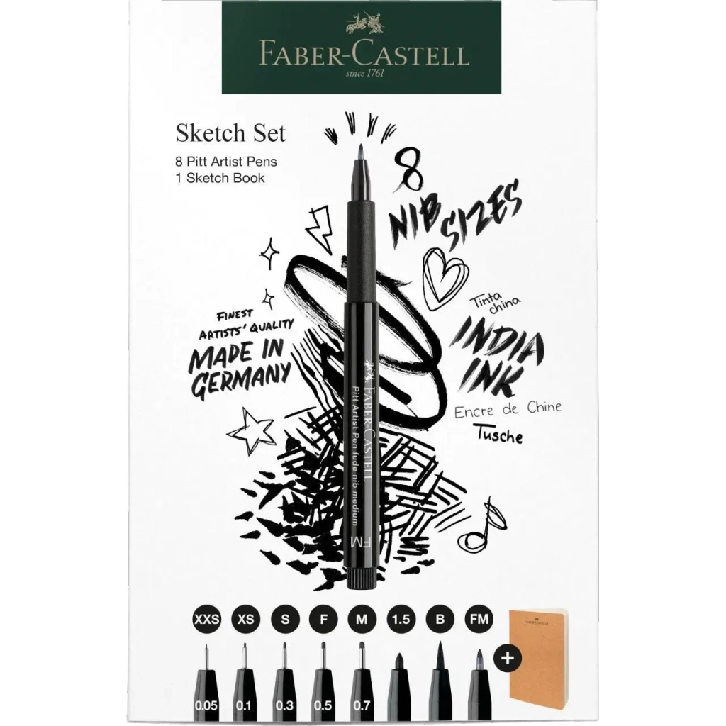 Лайнер Faber-Castell набір ручок капілярних та блокнот Sketch Set колір чорний (XXS, XS, S, F, M, 1,5, B, FM) (32468) - фото 4 Лайнер Faber-Castell набір ручок капілярних та блокнот Sketch Set колір чорний (XXS, XS, S, F, M, 1,5, B, FM) (32468) - фото 4
