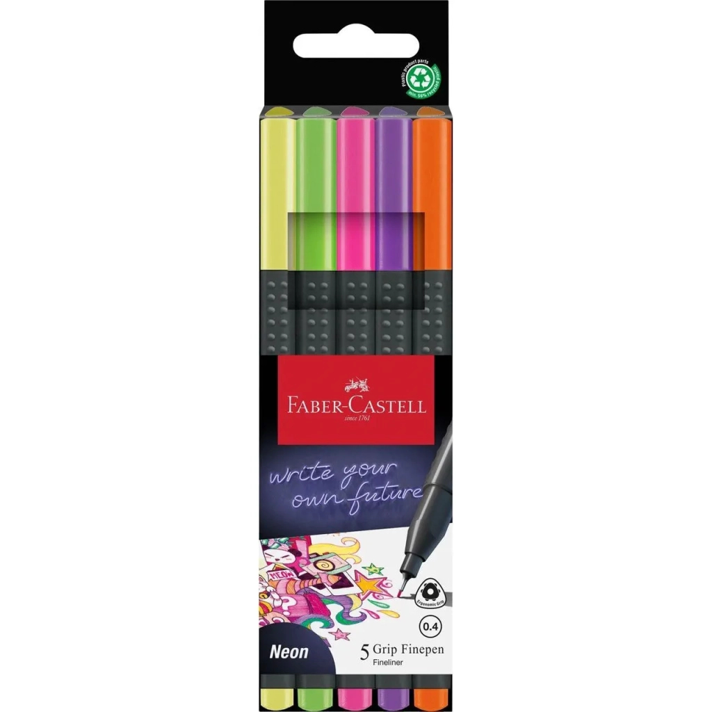 Лайнер Faber-Castell набір ручок капілярних Grip Finepen neon тригранна 0,4 мм, 5 кольорів (32144) - фото 1 Лайнер Faber-Castell набір ручок капілярних Grip Finepen neon тригранна 0,4 мм, 5 кольорів (32144) - фото 1