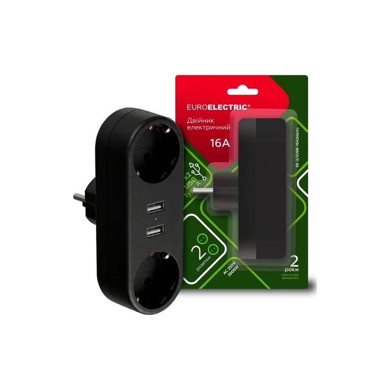 Мережевий розгалужувач EUROELECTRIC X2 16A 2xUSB Black з заземленням (EE-2/2USB-16A(black)) - фото 2
