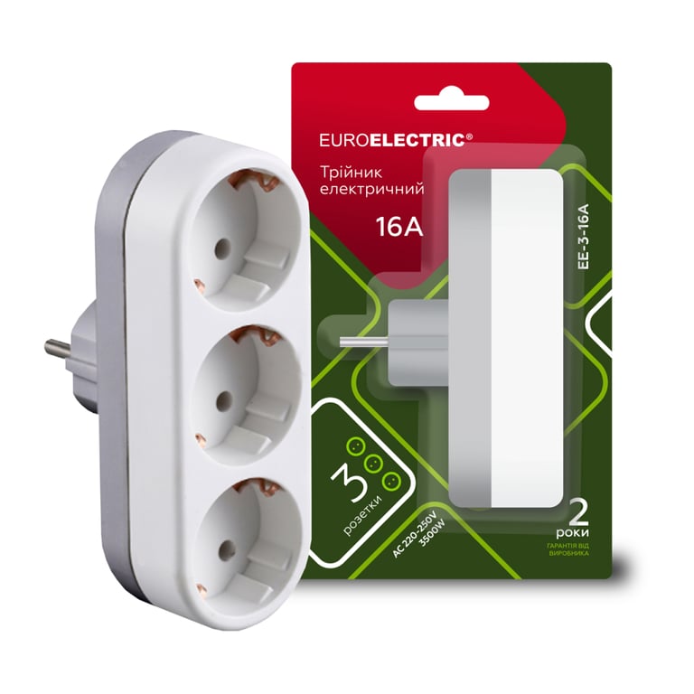Мережевий розгалужувач EUROELECTRIC X3 16 A White з заземленням (EE-3-16A)