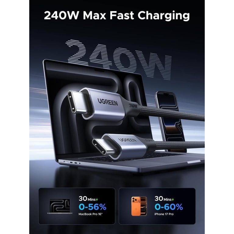 Дата кабель USB-C to USB-C 1.0m 240W 480Mbps braided black Ugreen (85973) - фото 2