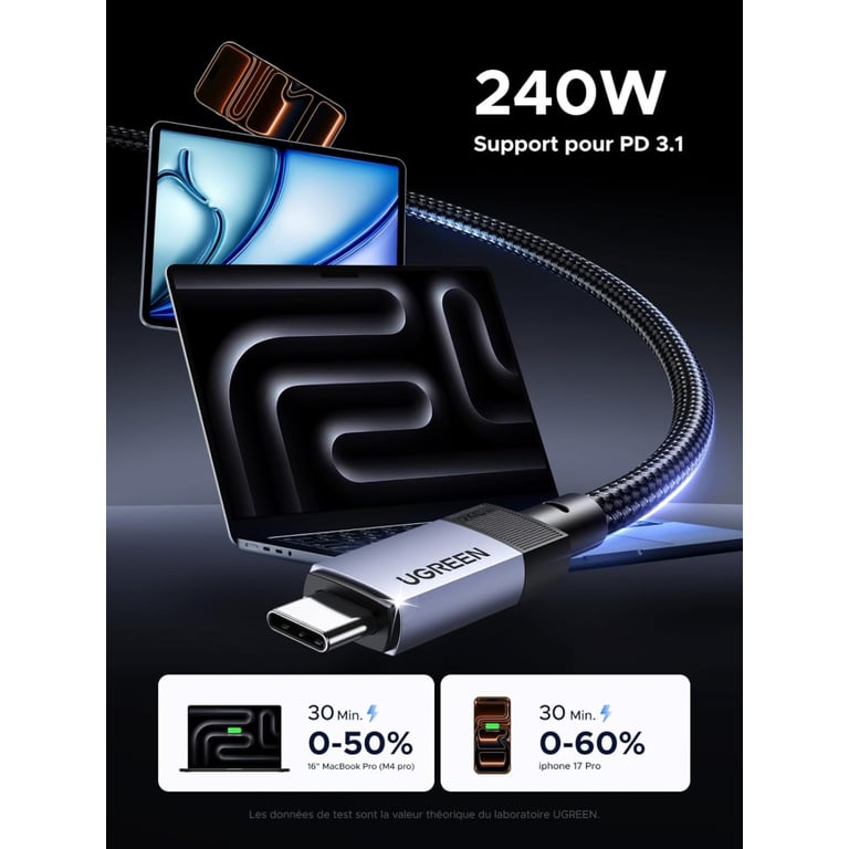 Дата кабель USB-C to USB-C 2.0m 240W 10Gbps braided black Ugreen (95619) - фото 3