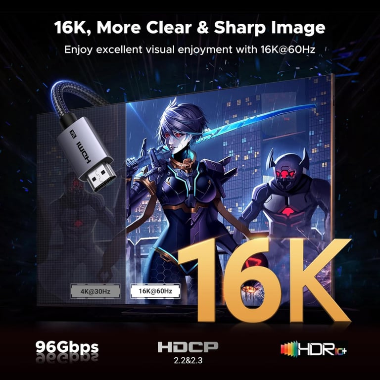 Кабель мультимедійний HDMI M to HDMI M 2.0m V2.2 16K60Hz 96Gbps braided black Ugreen (65900) - фото 2