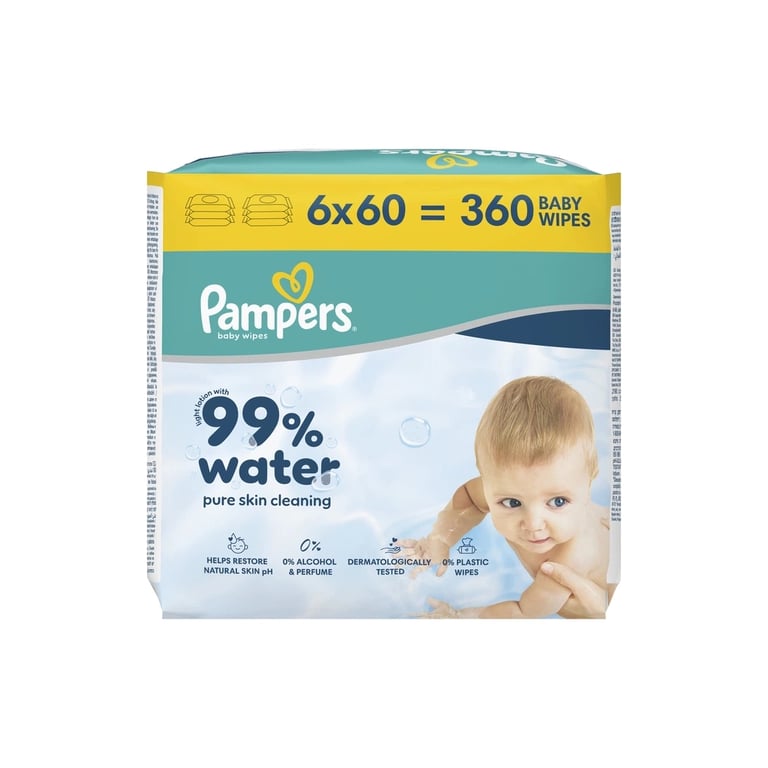 Дитячі вологі серветки Pampers 99 Water 60 шт х 6 пачок (360 шт) (8006530116596) - фото 2