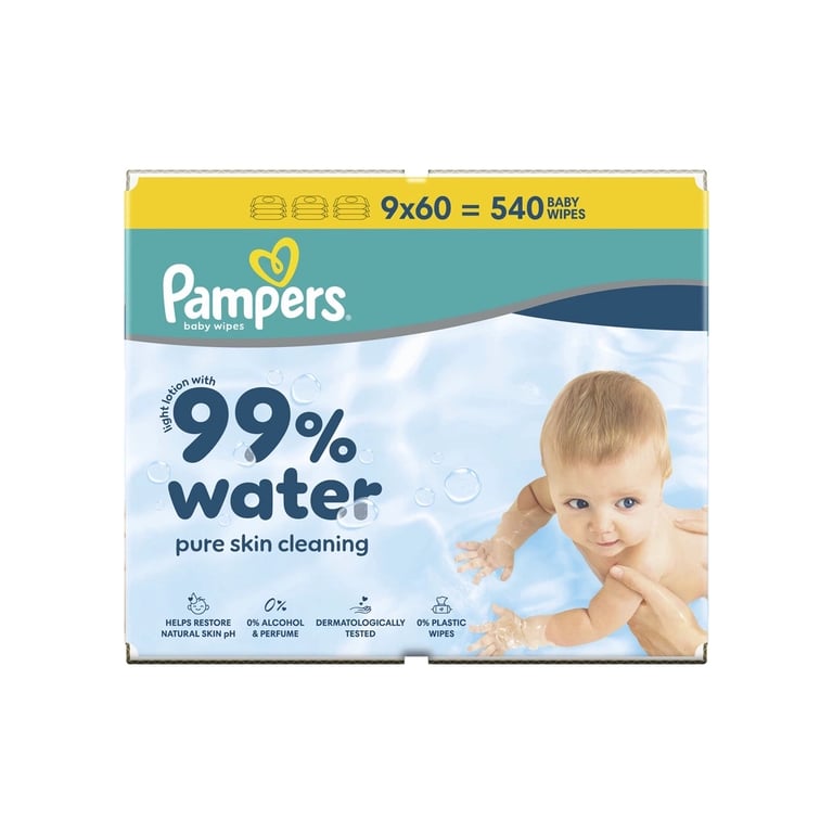 Дитячі вологі серветки Pampers 99 Water 60 шт х 9 пачок (540 шт) (8006530116459) - фото 2
