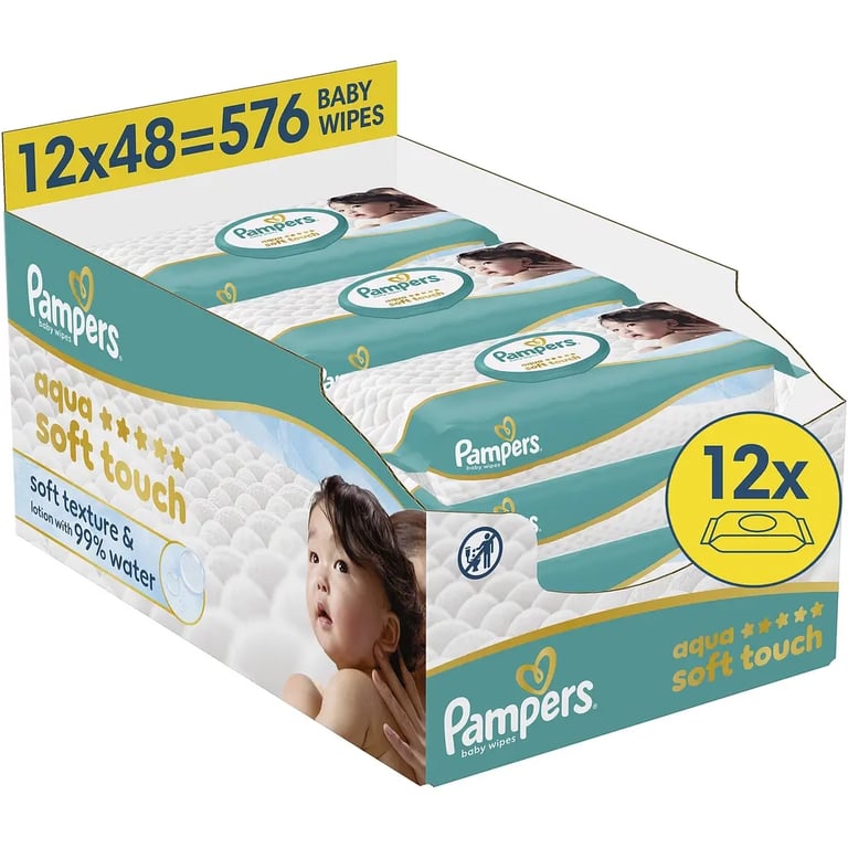 Дитячі вологі серветки Pampers Aqua Soft Touch 48 шт х 12 пачок (576 шт) (8006530140225) - фото 1