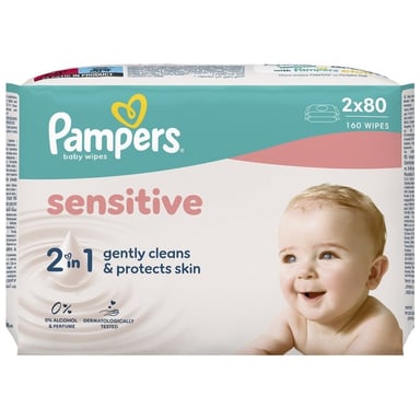 Дитячі вологі серветки Pampers Sensitive 2 x 80 шт(160 шт) (8006530135252) - фото 1