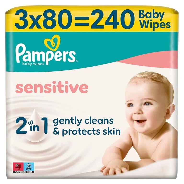 Дитячі вологі серветки Pampers Sensitive 3 x 80 шт (240 шт) (8006530134521) - фото 2