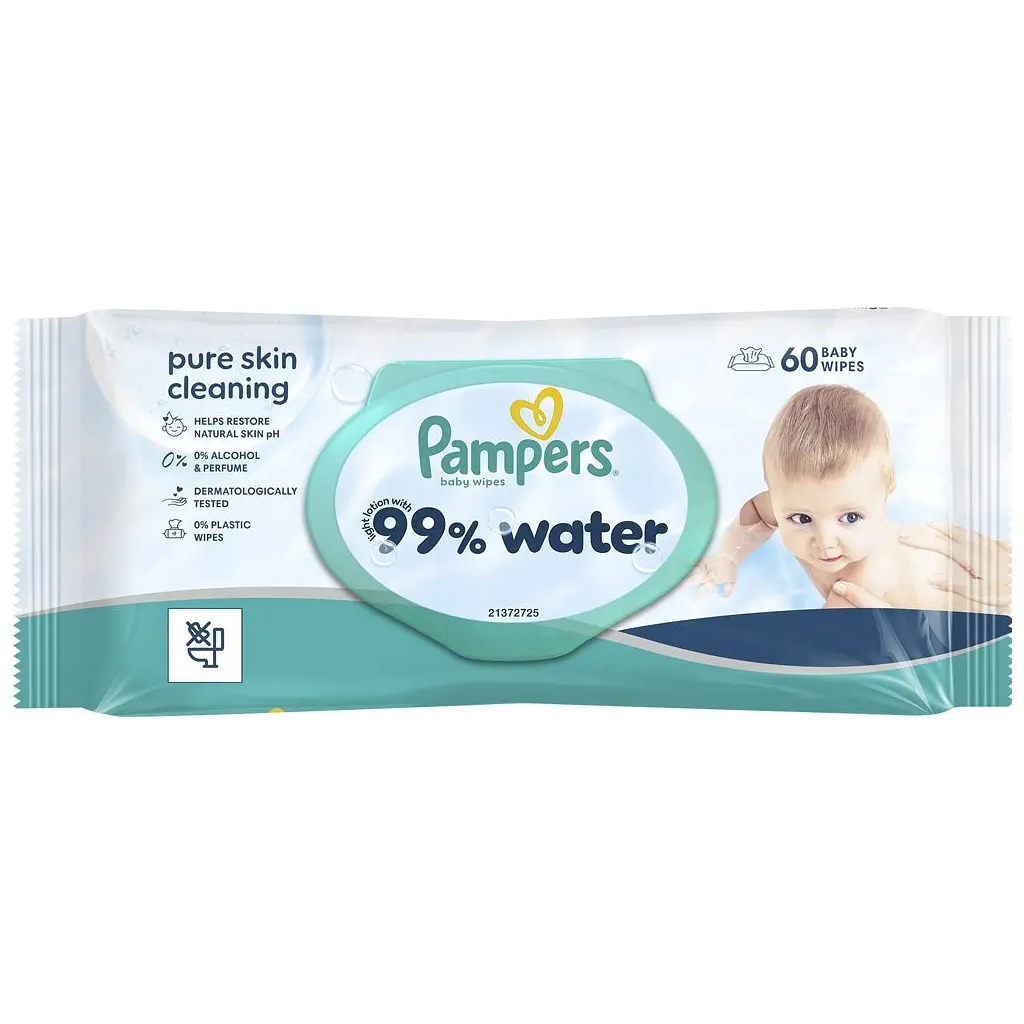 Дитячі вологі серветки Pampers 99 Water, 60 шт (8006530116558) - фото 1 Дитячі вологі серветки Pampers 99 Water, 60 шт (8006530116558) - фото 1