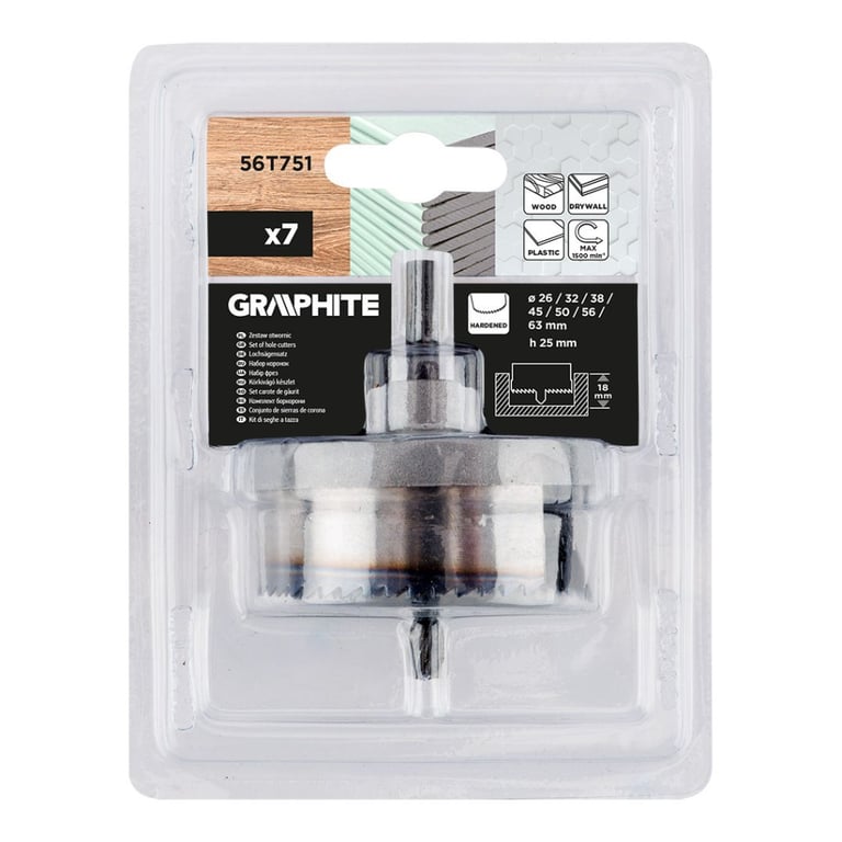 Коронка Graphite по дереву, загартовані зубці, 26–63х25мм, 7шт (56T751) - фото 7