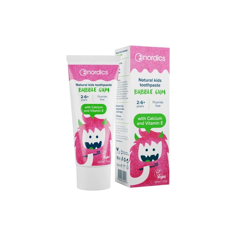 Дитяча зубна паста Nordics Kids Bubble Gum, 50 мл, 26 років, з гідроксиапатитом та кальцієм, без фтору, зі смаком жувальної (3800500324456) - фото 1