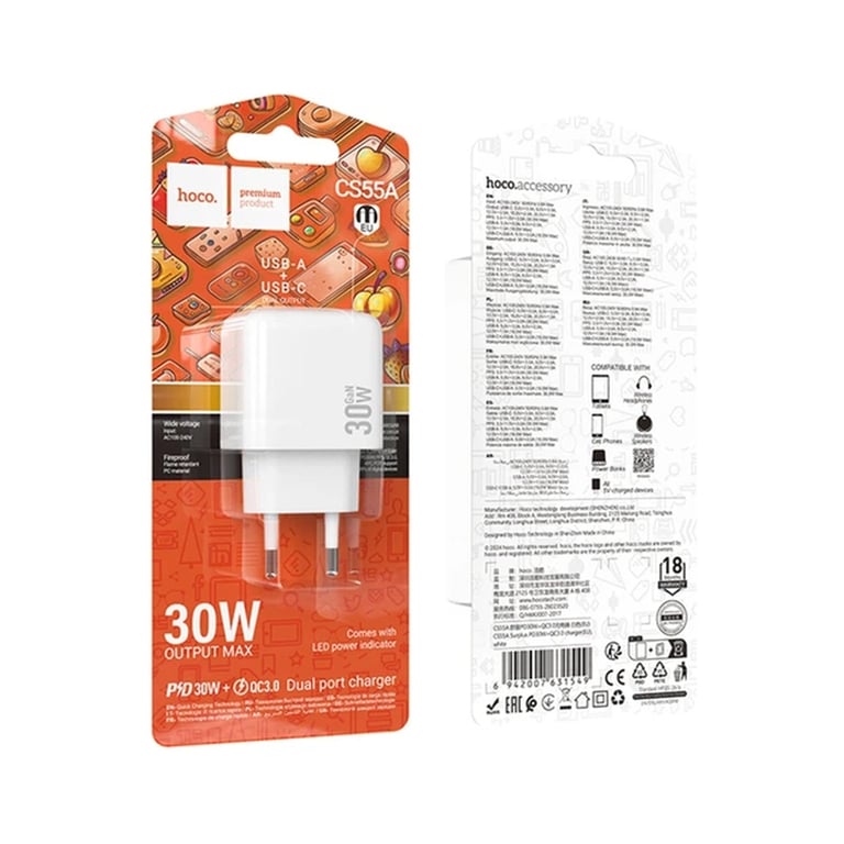 Зарядний пристрій HOCO CS55A 1xUSB-C PD30W + 1xUSB QC3.0 white (6942007631549) - фото 7