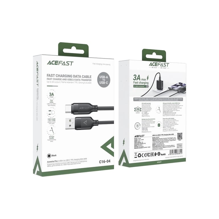 Дата кабель USB 2.0 AM to USB-C 1.2m 3A TPE black Acefast (6974316283812) - фото 5