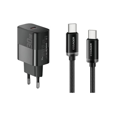 Зарядний пристрій Essager USB-C PD30W + cable USB-C to USB-C 60W black (E30JSB1-SYTT1-T) - фото 1