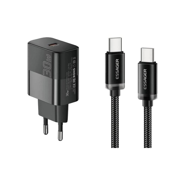 Зарядний пристрій Essager USB-C PD30W + cable USB-C to USB-C 60W black (E30JSB1-SYTT1-T) - фото 1