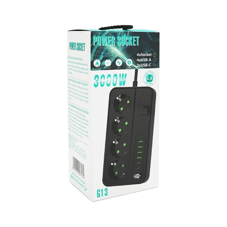 Мережевий фільтр живлення Voltronic G13, 3000W, 4 роз, 4USB 3,2А, 2 Type-C, 2м Black (YT-G13) - фото 5