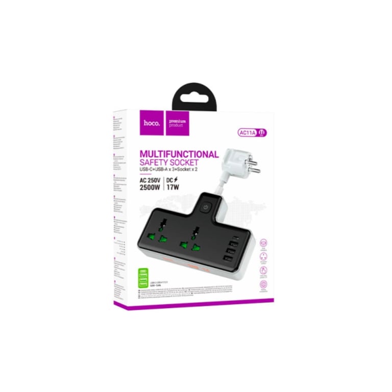 Мережевий фільтр живлення HOCO AC11A, 2 роз, 3 USB, USB-C, 17W, 1,5м Black (AC11AB) - фото 4