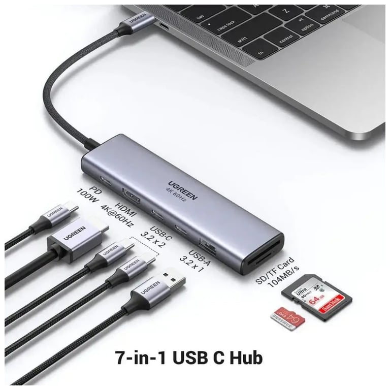 Концентратор Ugreen USB-C 7-in-1 2xUSB 3.0 + 2xUSB-C + HDMI 4K60Hz + SD/TF + PD 100W (45521) - фото 3