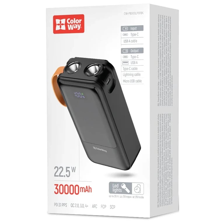 Батарея універсальна ColorWay 30 000 mAh PowerHub PD/22.5W, QC/4.0, Black (CW-PB300LP07BK) - фото 5
