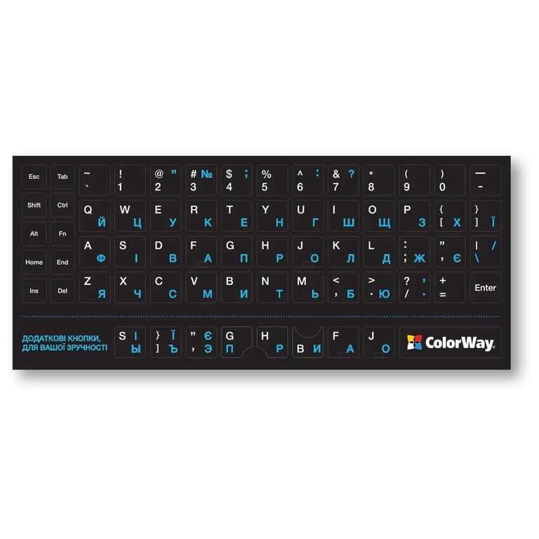 Наклейка на клавіатуру ColorWay непрозора чорна, біло-синя (CW-BWBL) - фото 1
