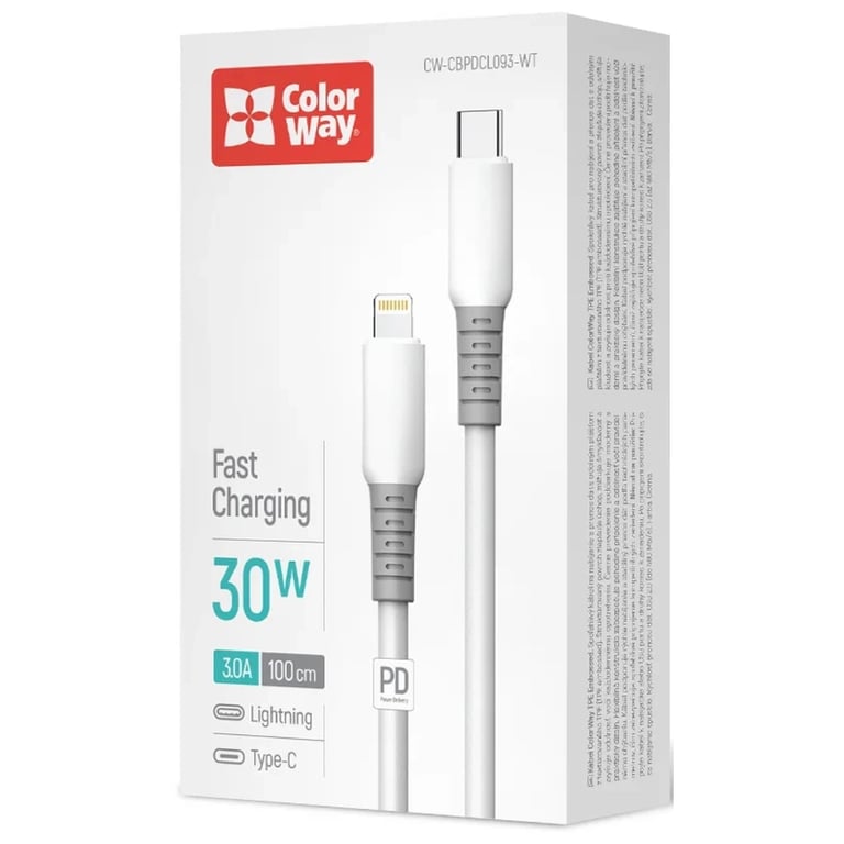 Дата кабель USB-C to Lightning 1.0m PD30W liquid silicone white ColorWay (CW-CBPDCL093-WT) - фото 4