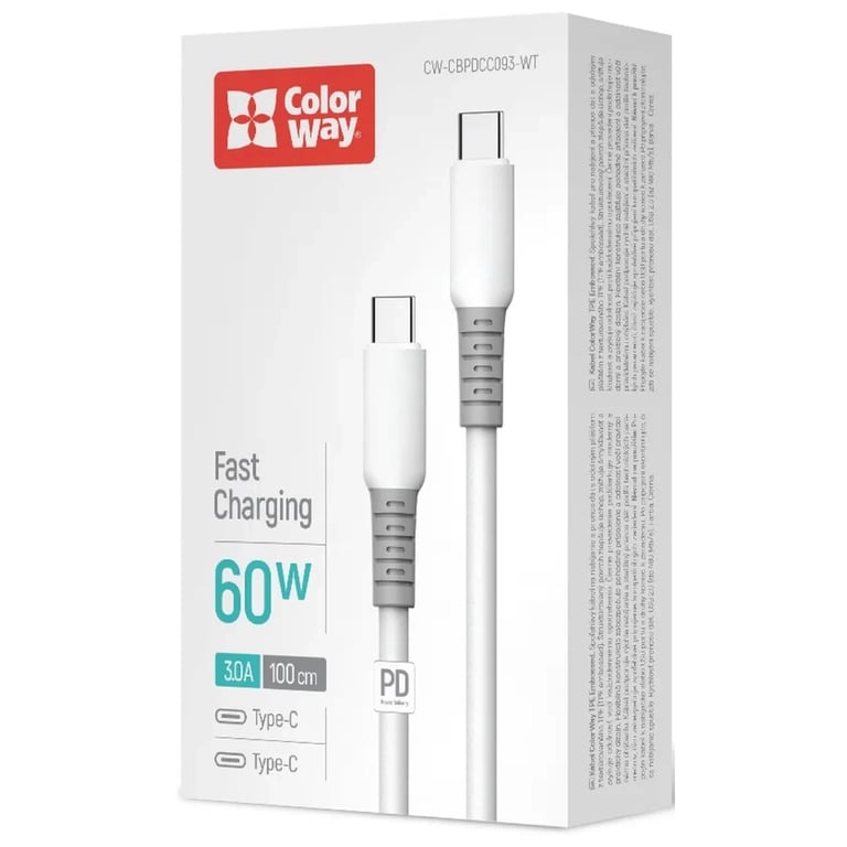 Дата кабель USB-C to USB-C 1.0m 3A PD60W liquid silicone white ColorWay (CW-CBPDCC093-WT) - фото 4