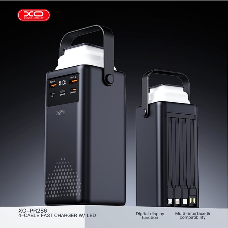 Батарея універсальна XO 50000mAh, PD/20W, QC/22,5W, Lamp, black (XO-PR286-BK) - фото 4