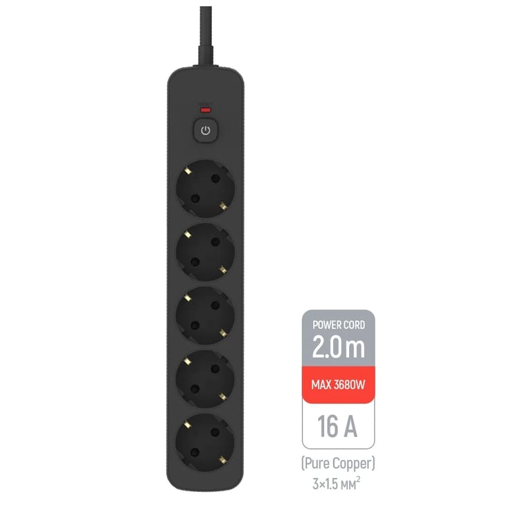 Мережевий фільтр живлення ColorWay CW-PSEA1652BK 5 розеток, 2m Black (CW-PSEA1652BK) - фото 4