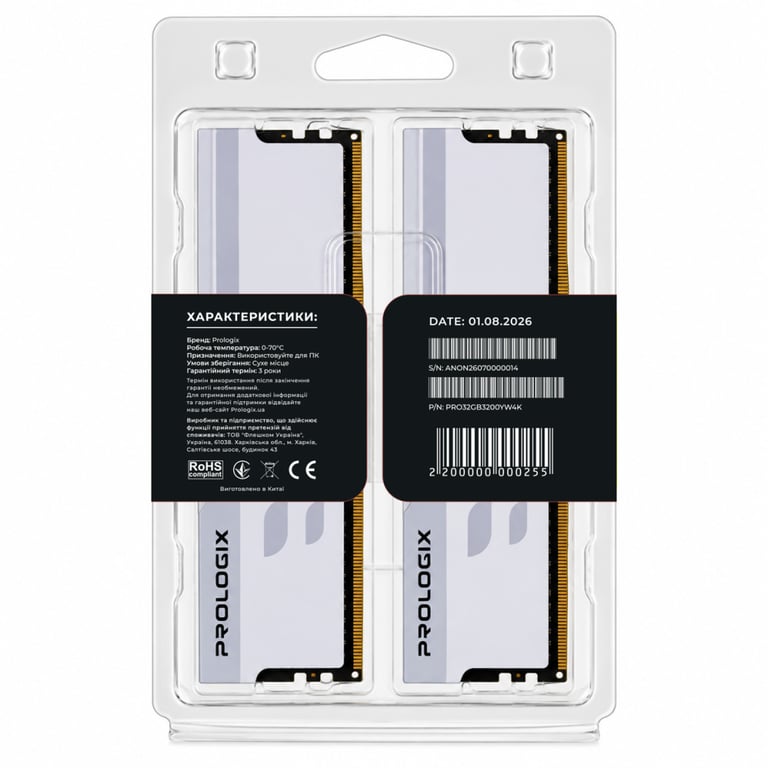 Модуль пам'яті для комп'ютера DDR4 32GB (2x16GB) 3200 MHz Onyx White Prologix (PRO32GB3200YW4K) - фото 5