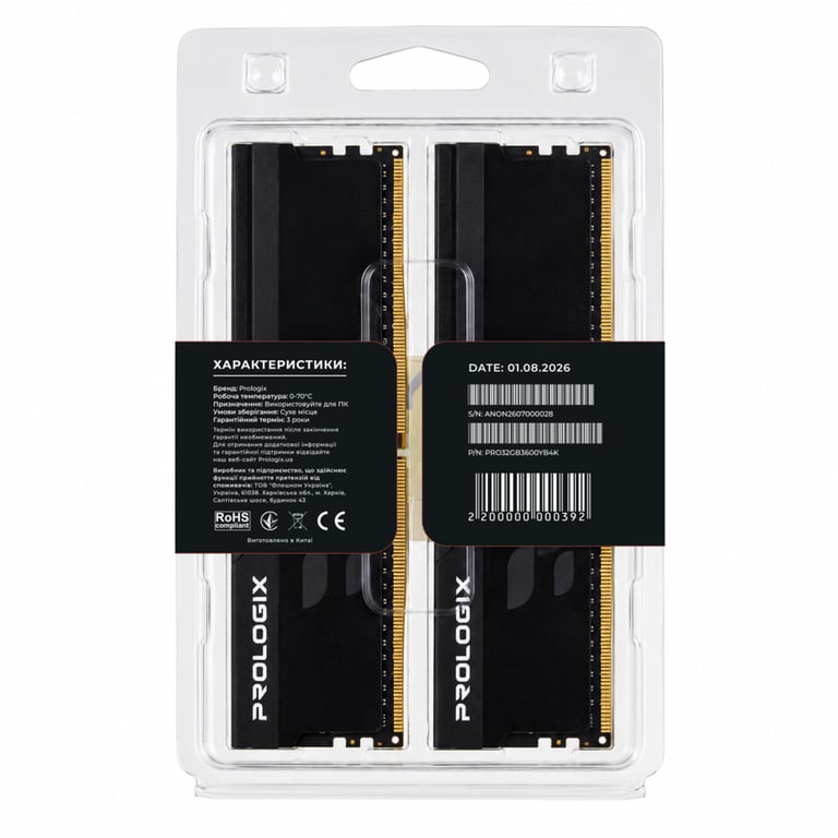 Модуль пам'яті для комп'ютера DDR4 32GB (2x16GB) 3600 MHz Onyx Black Prologix (PRO32GB3600YB4K) - фото 5