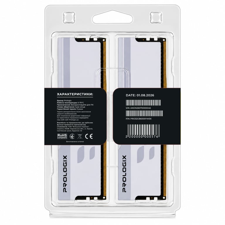 Модуль пам'яті для комп'ютера DDR5 32GB (2x16GB) 6000 MHz Onyx White Prologix (PRO32GB6000YW5K) - фото 5