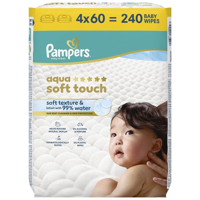 Дитячі вологі серветки Pampers Aqua Soft Touch 4 x 60 шт (240 шт) (8006530140027) - фото 2